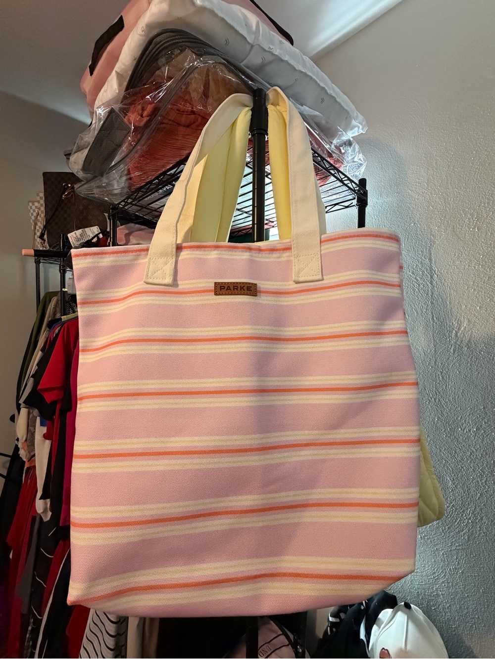 Parkke Pink Striped Canvas Tote with Cream Handles
